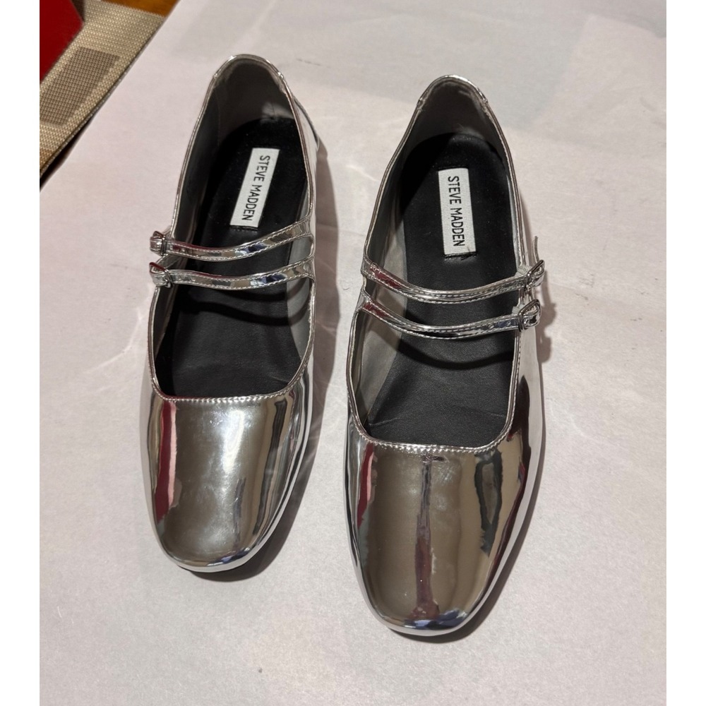 Steve Madden Alisah Womens 8.5 Silver Foil Mary Jane Ballet Flats Double Strap